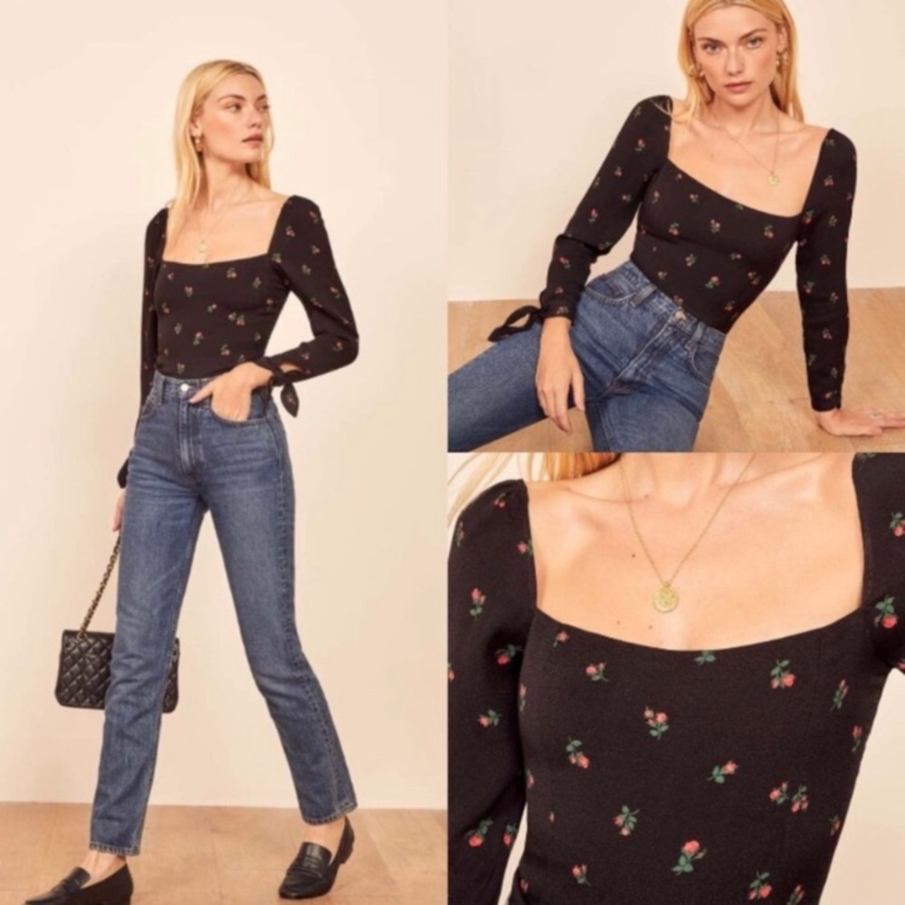 Reformation Kemmy Top - Size 6 - Lancaster Black Red Square Rose Floral🌹